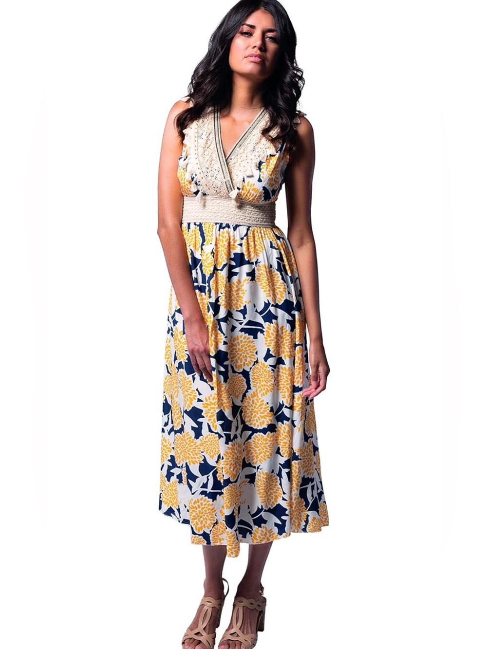 M Made in Italy Floral Maxi Dress Tassel Crochet Waist Boho Vacation Size M